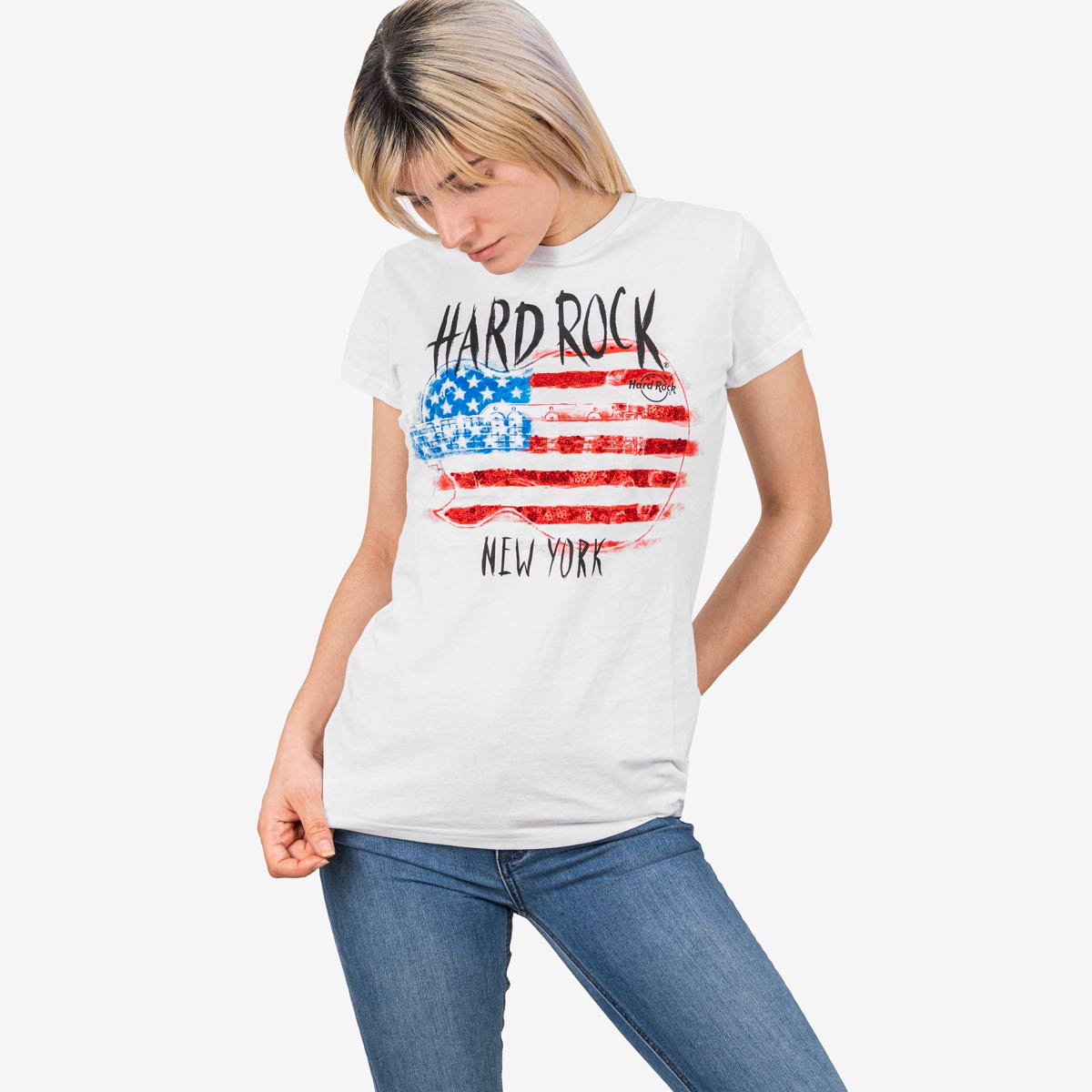 Women's Sequin Guitar Flag Tee image number 3